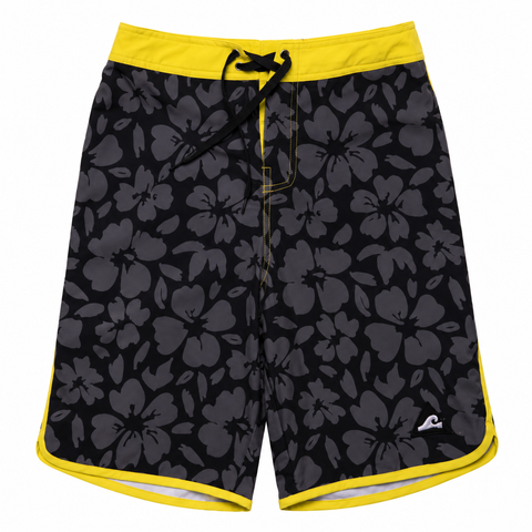 HIBISCUS LONG BOARD SHORT – Black Charcoal Hawaii Print