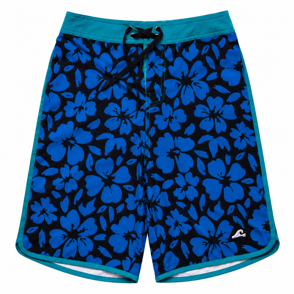 HIBISCUS LONG BOARD SHORT – Blue Black Hawaii Print