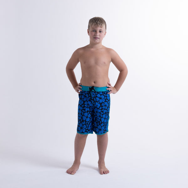 HIBISCUS LONG BOARD SHORT – Blue Black Hawaii Print